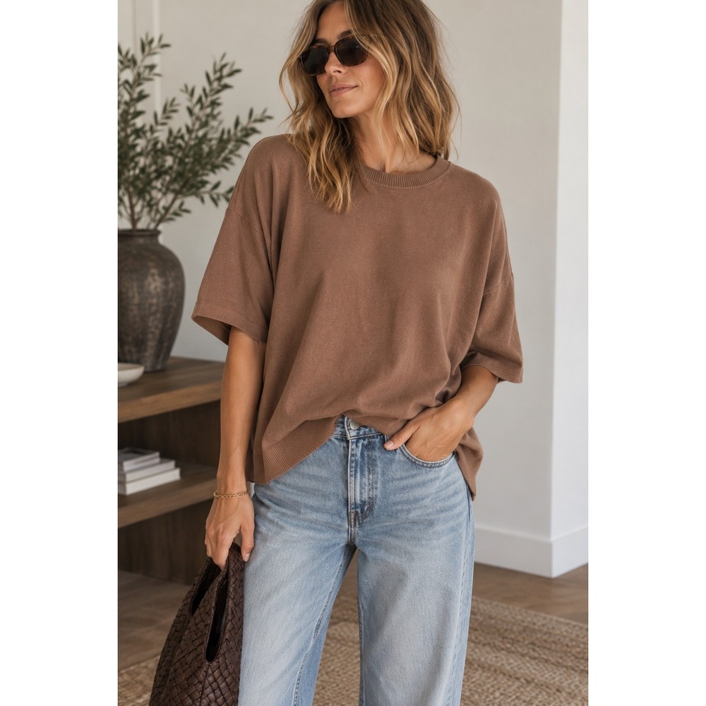 Splendid Super Soft Brown Short Sleeve Knit Sweater Oversized Crew Neck Top XL